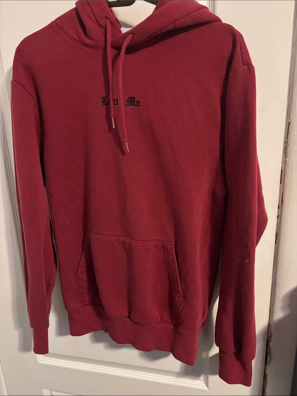 Divided Maroon Pullover Hoodie with Minimal Script